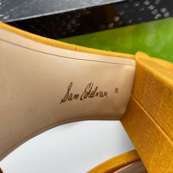 Sam Edelman Sz 10 Mustard Yellow Strappy Block Yaro Heel Satin Wedding Guest - Picture 9 of 9